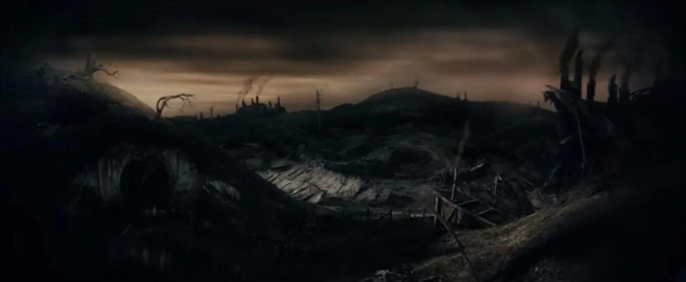 Clin d'œil à « L'Assainissement de la Comté » dans « Le Seigneur des Anneaux : La Communauté de l'Anneau » (2001), dans la vision que Frodon voit dans le Miroir de Galadriel (image : New Line Cinema)